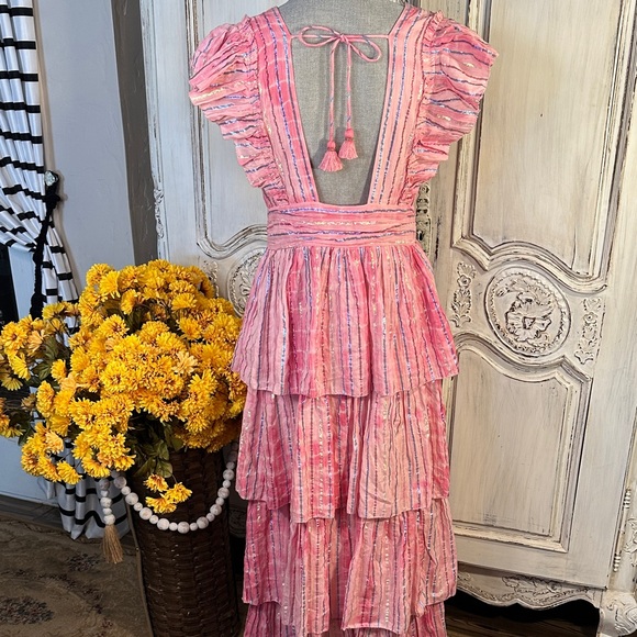 Saylor Stefania Elegant Pink and Metallic Ruffled Tiered Maxi Dress - Picture 8 of 14